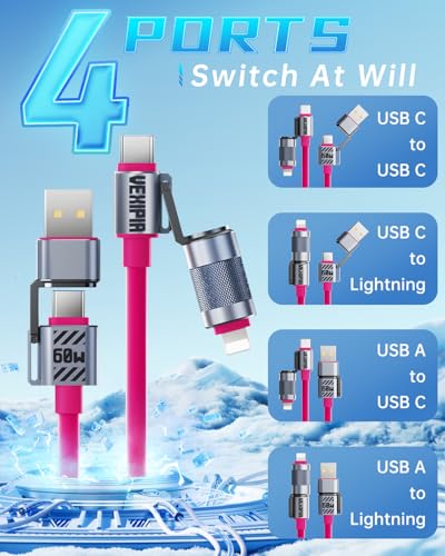 4 in 1 USB C Cable 60W 5FT Fast Charging & Data Transfer - color: Pink, style: 60W