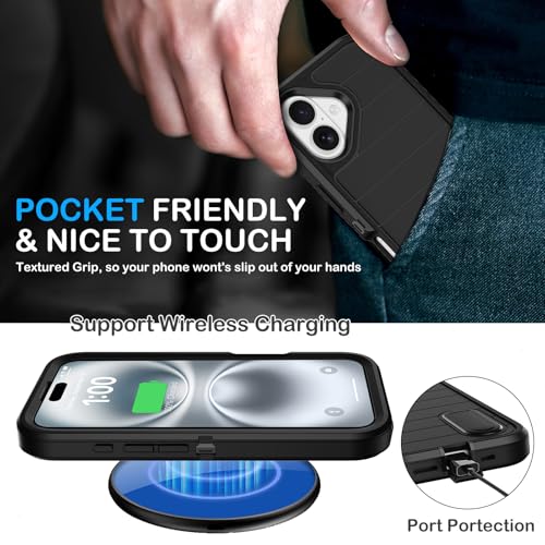 for iPhone 16 Case with Screen Protector, Heavy Duty Shockproof Drop Protection Military Grade Tri-Layer Full Covered Rugged Durable Cell Phone Cover with Built-in Invisible Kickstand 6.1" (Black) - color: Black