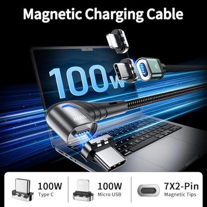 100W Magnetic Charging Cable,Magnetic Right Angle USB C Cable,480Mbps Data Transfer,5A Fast Charging,Compatible with USB C Device - color: Blackgreen, size: 1.2M+1.5M+1.5M+2M
