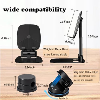 Cell Phone Stand Desktop and Magnetic Cable Clips Set, Foldable & Height Adjustable Phone Holder and Adhesive Wire Holder Keeper Organizer Compatible with All Phones