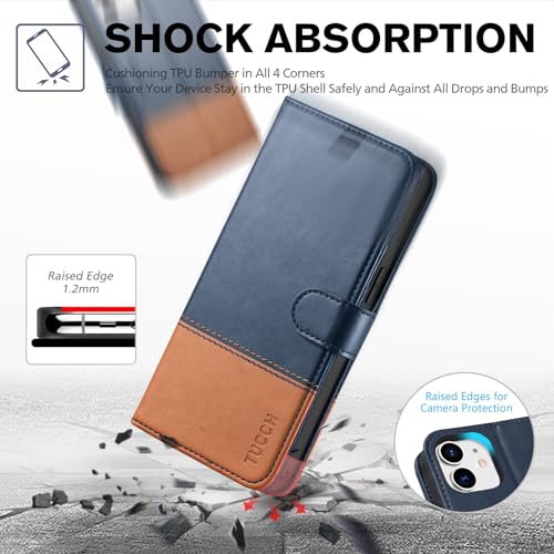 TUCCH Wallet Case for iPhone 12 Pro/12 (6.1"), 3 Card Slots, Blue & Brown | RFID Blocking, Viewing Stand, Shockproof TPU Shell, PU Leather, Magnetic Closure, Protective Folio Flip Cover - color: Dark Blue & Brown