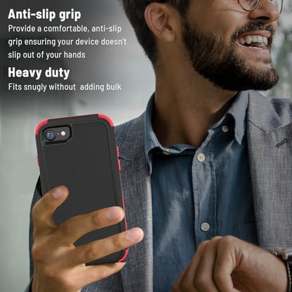 X-belmox Heavy Duty Phone Case for iPhone SE 2022 (3rd Gen) with Glass Screen Protector, 3 in 1 iPhone SE 2020 Case [Shockproof] Rugged Protective [Drop Proof] iPhone 7/8 case 4.7" - Black/Red - color: Black/Red