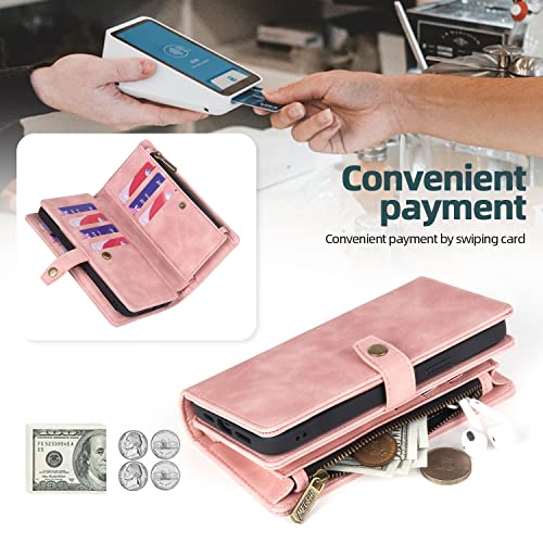TwoHead for iPhone 11 Wallet case with 11 Card Holder (Pink) | Detachable Magnetic Phone Case, PU Leather Wallet for Women/Men,Wireless Charging Compatible,with Wrist Strap - color: Pink