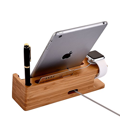 MOOZO Bamboo Wood Desktop Charging Dock Station Charger Holder Cradle Stand Compatible iPhone 16 15 14 13 12 11 Pro Max Apple Watch 2 3 4 / iWatch Samsung Galaxy S8 S7 S6 Edge Plus LG HTC Smartphones - color: 3 in 1 Charger Stand