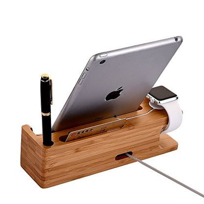 MOOZO Bamboo Wood Desktop Charging Dock Station Charger Holder Cradle Stand Compatible iPhone 16 15 14 13 12 11 Pro Max Apple Watch 2 3 4 / iWatch Samsung Galaxy S8 S7 S6 Edge Plus LG HTC Smartphones - color: 3 in 1 Charger Stand