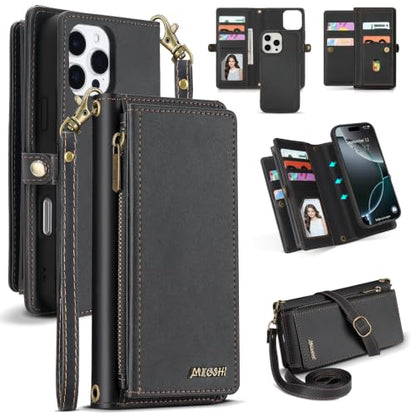 for iPhone 16 Pro Max Wallet Case, Detachable Magnetic Shockproof Phone Case,Faux Leather Crossbody Wallet,with RFID Blocking，Zipper Card Holder，Shoulder Strap (Black) - color: Black, size: iPhone 16 Pro Max