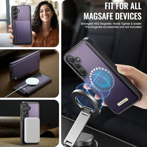 for Samsung Galaxy S25 5G 2in1 Detachable Wallet Case, Purple | Compatible with Magsafe, Magnetic, RFID Blocking Card Holder, Shockproof, Kickstand, Wireless Charging, PU Leather Flip Cover - color: Fashion Purple, size: Galaxy S25 - 6.2"