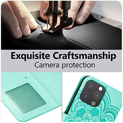 EYZUTAK Case for iPhone 13 Pro, Premium PU Leather Magnetic Flip Wallet Case with Card Holder Cash Slot Lanyard Strap Kickstand Function Embossed Mandala Flower Pattern Shockproof Cover - Green - color: Green, size: iPhone 13 Pro