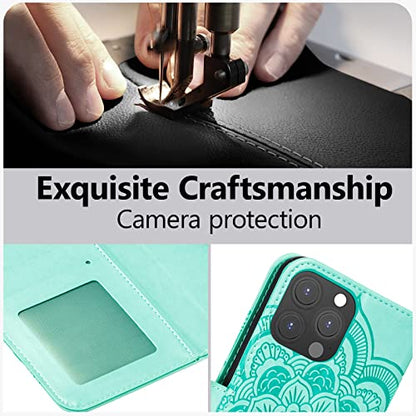 EYZUTAK Case for iPhone 13 Pro, Premium PU Leather Magnetic Flip Wallet Case with Card Holder Cash Slot Lanyard Strap Kickstand Function Embossed Mandala Flower Pattern Shockproof Cover - Green - color: Green, size: iPhone 13 Pro