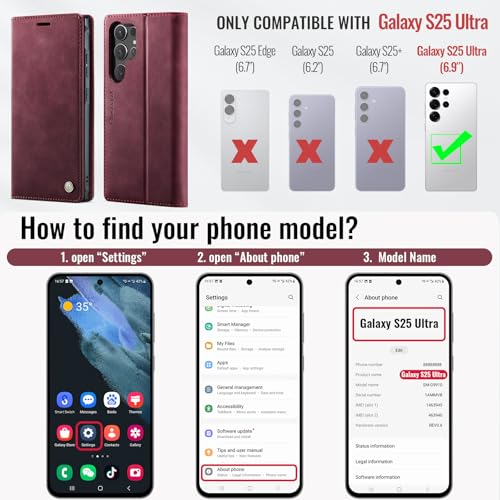 for Samsung Galaxy S25 Ultra 2in1 Detachable Wallet Case, Burgundy | Compatible with Magsafe, Magnetic, RFID Blocking Card Holder, Shockproof, Kickstand, Wireless Charging, PU Leather Flip Cover - color: Retro Burgundy, size: Galaxy S25 Ultra - 6.9"