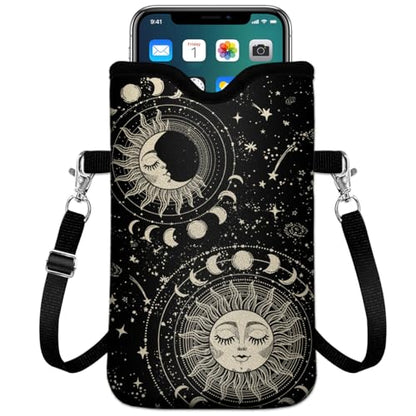 Universal Phone Sleeve Pouch with Crossbody Strap 7.6 X 4.3 Inches Shockproof Water Resistant Mobile Protection Bag-Black Sun Moon Neoprene Phone Pouch Bag - color: Black Sun Moon-Phone Pouch