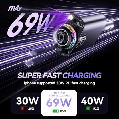 Smart Retractable Car Charger 69W USB C Fast Charge Air Freshener Starlight - color: Black