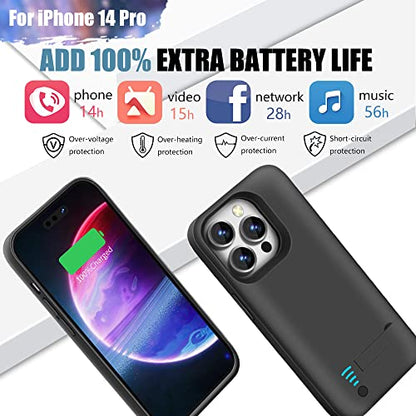 Battery Case for iPhone 14 Pro, 5000mAh Rechargeable Extended Battery Charging/Charger Case, Add 100% Extra Juice (6.1 Inches) Black