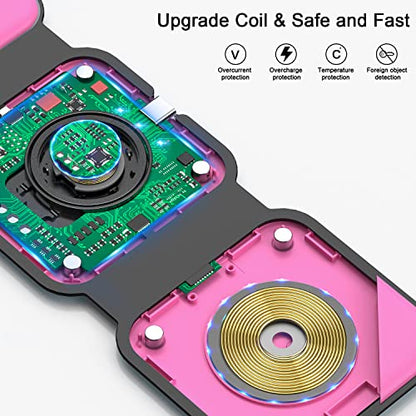 3 in 1 Wireless Charging Station for Apple,Foldable Magnetic Travel Charger - color: rose red