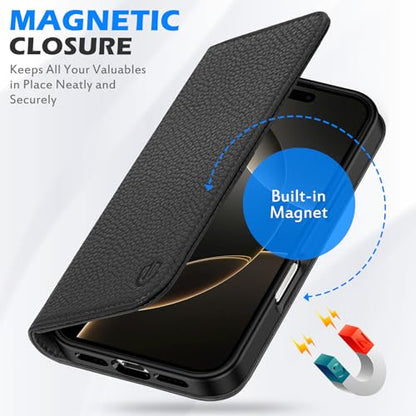 SHIELDON Genuine Leather Wallet Case for iPhone 16 Pro 6.3", Pebbled Black | Magnetic Closure, RFID Blocking, Credit Card Holder, Viewing Stand, Folio Design, Shockproof Protective Cover - color: Pebbled Black