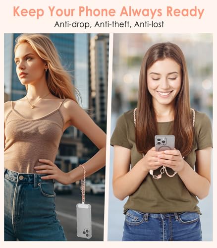 MoKo Metal Phone Crossbody Chain Lanyard with Wrist Strap and 2 Patches - color: Rose Gold