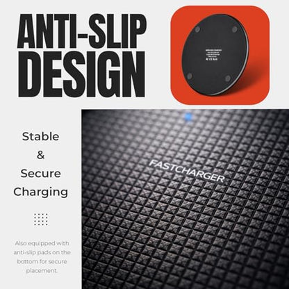 15W Wireless Charging Pad, Qi Compatible Wireless Charger for Smartphones, Fast Charging Non Slip Charger Mat with USB Cable for Desk, Office and Bedside