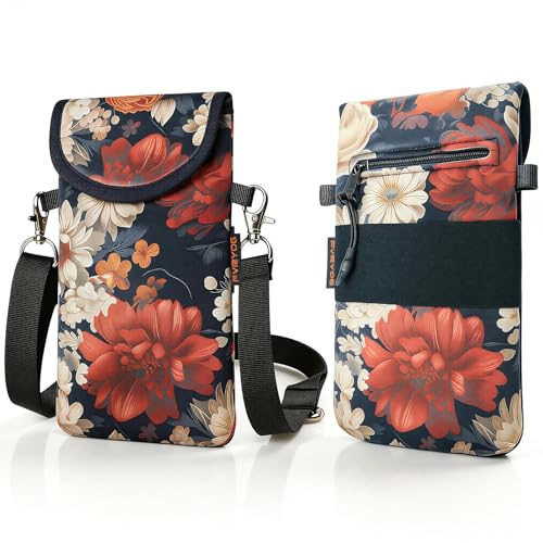 Neoprene Phone Sleeve Pouch Case Bag for Men Women w/Crossbody Strap/Neck Lanyard for iPhone 17/16/15/14 Pro Max, Samsung S25，Pixel 10 - color: Peony and Daisy on Black