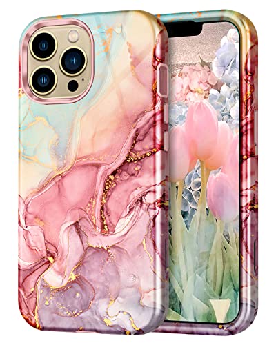 Btscase Compatible with iPhone 13 Pro Max Case 6.7 Inch 2021,Marble Pattern 3 in 1 Heavy Duty Shockproof Full Body Rugged Hard PC+Soft Silicone Drop Protective Women Girl Phone Cases, Rose Gold - color: A-Rose Gold, size: iPhone 13 Pro Max