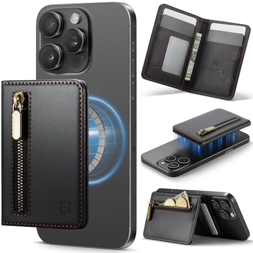 Strapurs Magnetic Card Holder Compatible with MagSafe Phones and Cases, PU Leather Phone Wallet for iPhone 17/16/15/14/13/12/Pro/Max/Plus/Air, 4 Card Slots RFID Blocking with Zipper Pocket - Black - color: Black