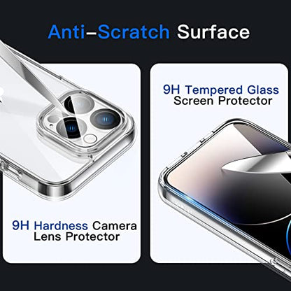 JETech 5 in 1 Case for iPhone 14 Pro, Anti-Yellowing, Clear | 2 Tempered Glass Screen Protectors, 2 Camera Lens Protectors, Shockproof Bumper Phone Cover