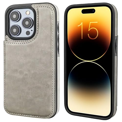 ONETOP for iPhone 15 Pro Wallet Case with Credit Card Holder,Gray | Kickstand,ID/Cash Holder,Case Wallet with Card Slots,Double Magnetic Clasp,Durable PU Leather Shockproof Cover for Women Men - color: Gray