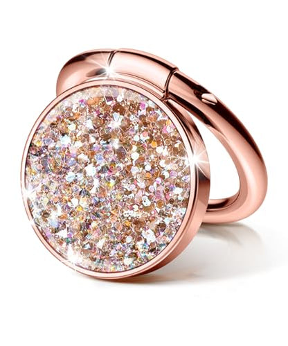 GVIEWIN Gritter Cell Phone Ring Holder, Metal Kickstand Grip 360° Rotation - color: PinkGold Glitter