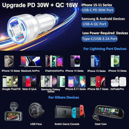 USB C Car Charger, 4 Port 65W Super Fast Charging Cigarette Lighter Adapter - color: Silver, size: 1-Pack