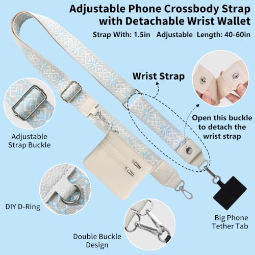 2pcs Clip and Go Strap for Phone with Wallet Crossbody Strap with Pouch - color: Blue White+black