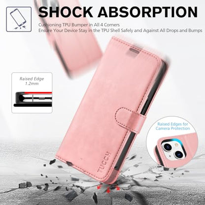 TUCCH Wallet Case for iPhone 14 (6.1") 2022, 4 Card Holders, Rose Gold | RFID Blocking, Viewing Stand, Shockproof TPU Shell, PU Leather, Magnetic Closure, Protective Folio Flip Cover - color: Rose Gold
