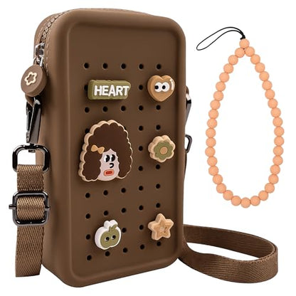Candy Small Crossbody Bag with Charms, Beaded Phone Wrist Strap Bundle, Cellphone Purse and Hands-Free Wristlet Bracelet (Brown) - color: Brown