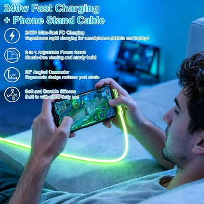 Fast Charger 240W Stand Silicone Data Cable with Invisible Holder 4FT 2-in-1 USB C/A to 90 Degree USB C Cable Charging Cord for Flat & Phone Suitable for Gaming Office and Travel