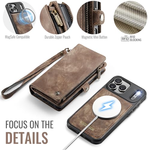 Compatible with iPhone 17 Pro Wallet Case with Magsafe with Zipper & Card Holder Strap Wristlet Detachable Magnetic Protective Back Case for iPhone 17 Pro 5G 6.3 Inch (Brown) - color: (Detachable and Magsafe)-Brown, size: iPhone 17 Pro 6.3 Inch