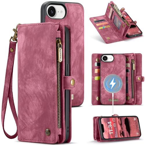 Compatible with iPhone 17E/16E Wallet Case with Magsafe,Red | Magnetic Detachable Case,Card Holder,Zipper Pocket,Strap Wristlet, Soft Leather Drop-Proof Phone Case for iPhone 17E/16E - color: (Detachable and Magsafe)-Red, size: iPhone 16E/17E 6.1 Inch