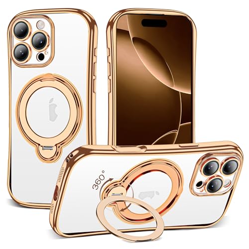 Clear Phone Case for iPhone 16 Pro 6.3", Gold | Compatible with iPhone 16 Pro Case with 360° Rotatable Magnetic Ring Stand Full Camera Lens Protector Plating Mag-safe Case - color: Desert Gold, size: Iphone 16 Pro