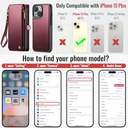 Defencase for iPhone 15 Plus Case Wallet Compatible with Magsafe, Wine Red | Drop-Proof Magnetic Detachable Phone Cases Cover, with RFID Bolcking Card Holder, Zipper Strap, PU Leather, Removable Wallet - color: (Detachable with Magsafe)-Wine Red