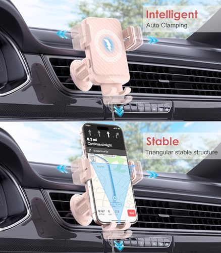 Wireless Car Charger 15W Fast Charging Auto-Clamping Air Vent Phone Mount - color: Pink