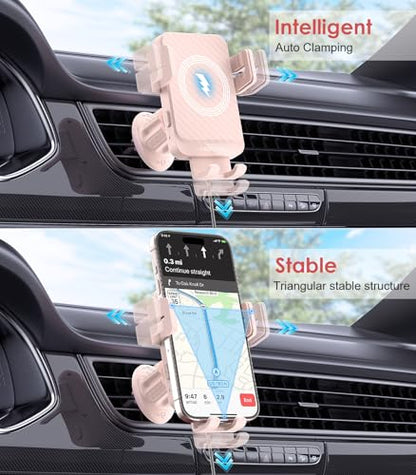Wireless Car Charger 15W Fast Charging Auto-Clamping Air Vent Phone Mount - color: Pink