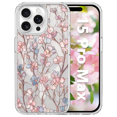 for iPhone 15 Pro Max 6.7" Magnetic Case[Compatible with MagSafe] Aesthetic Vintage Stained Glass Bloom Flower Design, Slim Fit Hard PC Back Shockproof Cute Clear Phone Cover, Pink Flower - color: Pink Glass Flowers, size: iPhone 15 Pro Max