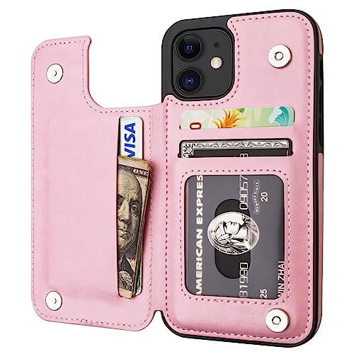 ONETOP for iPhone 12 & iPhone 12 Pro Wallet Case with Card Holder,Pink | Kickstand,ID/Cash Holder,Case Wallet with Card Slots,Double Magnetic Clasp,Durable PU Leather Shockproof Cover for Women Men - color: Pink