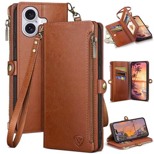 XcaseBar compatible with iPhone 16 Plus 6.7"Wallet case with Zipper Credit Card Holder【RFID Blocking】,Flip Folio Book PU Leather Phone case Shockproof Cover Women Men for Apple 16Plus case Light Brown - color: Light Brown
