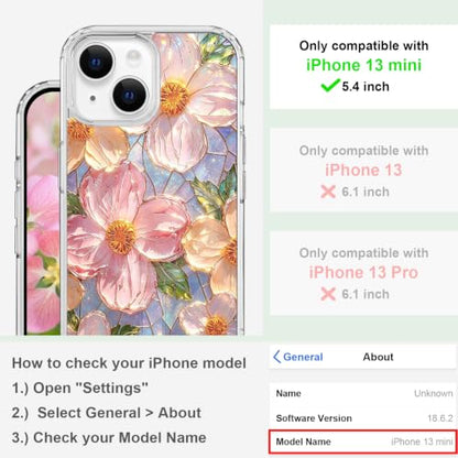 for iPhone 13 Mini 5.4" Magnetic Case【Compatible with MagSafe】 Aesthetic Oil Painting Stained Glass Flower Design, Slim Fit Hard PC Back Shockproof Cute Clear Phone Cover, Pink - color: Pink, size: iPhone 13 Mini