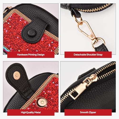 Women's Small Crossbody Cell Phone Bag, Boho Colorful Beaded Purse Wallet with Handmade Cute Patterns - color: Red