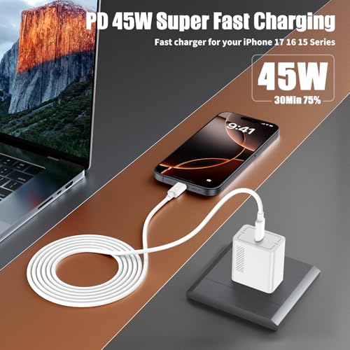 45W Fast Charger for iPhone 17 Pro Max, Super Fast USB C (6+6+10) FT Cables - color: White