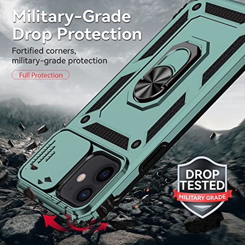 for iPhone 12 Mini Case with Camera Lens Cover Screen Protector, Dual Layer Military Grade Drop Protection Magnetic Ring Holder Kickstand Protective Phone Case for iPhone 12 Mini 5.4 inch (Dark Green) - color: Dark Green with camera cover Military-Grade