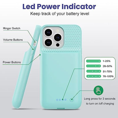 Feob Battery Case for iPhone 13/13 Pro/14,[2025 Upgraded] 7500 mAh Ultra-Slim Portable Extended Charger Cover for iPhone 13/13 Pro/14 Charging Case (6.1 Inch)-Green - color: Green