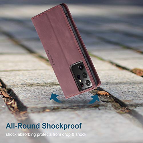 Kowauri Flip Case for Galaxy S21 Ultra - Leather Wallet With Card Slot and Magnetic Closure for Samsung Galaxy S21 Ultra 5G (Wine Red) - color: Wine red