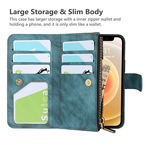 iCoverCase for iPhone 12 Mini Wallet Case with Card Holder and Wrist Strap, PU Leather Kickstand Card Slots Zipper Pocket Magnetic [Detachable] Flip Cover Case 5.4 Inch (Blue) - color: Blue
