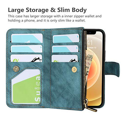 iCoverCase for iPhone 12 Mini Wallet Case with Card Holder and Wrist Strap, PU Leather Kickstand Card Slots Zipper Pocket Magnetic [Detachable] Flip Cover Case 5.4 Inch (Blue) - color: Blue