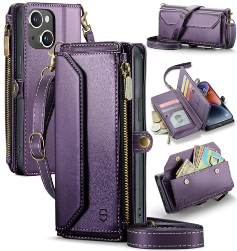 Strapurs Wallet Case Compatible with iPhone 13 RFID Blocking 7-Card Holder Soft PU Leather Magnetic Snap Shoulder Strap Zipper Pocket Phone Case Fit for iPhone 13 for Women 6.1" - Purple | RFID Blocking 7-Card Holder, Shoulder Lanyard, Wirst Strap, Zipper